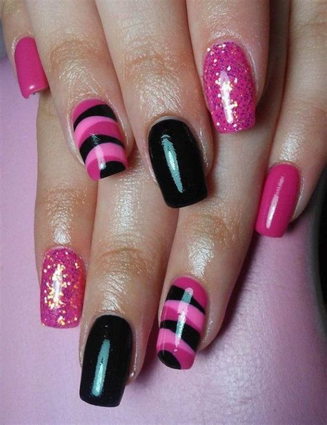 pink and black nail art|black and hot pink nails.